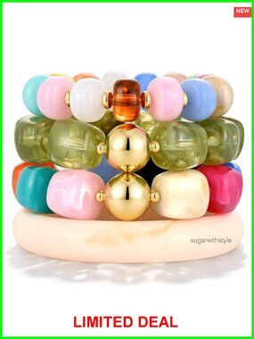 Chunky Acrylic Resin Beaded Bracelet Set of 4 Stretch Bangles
